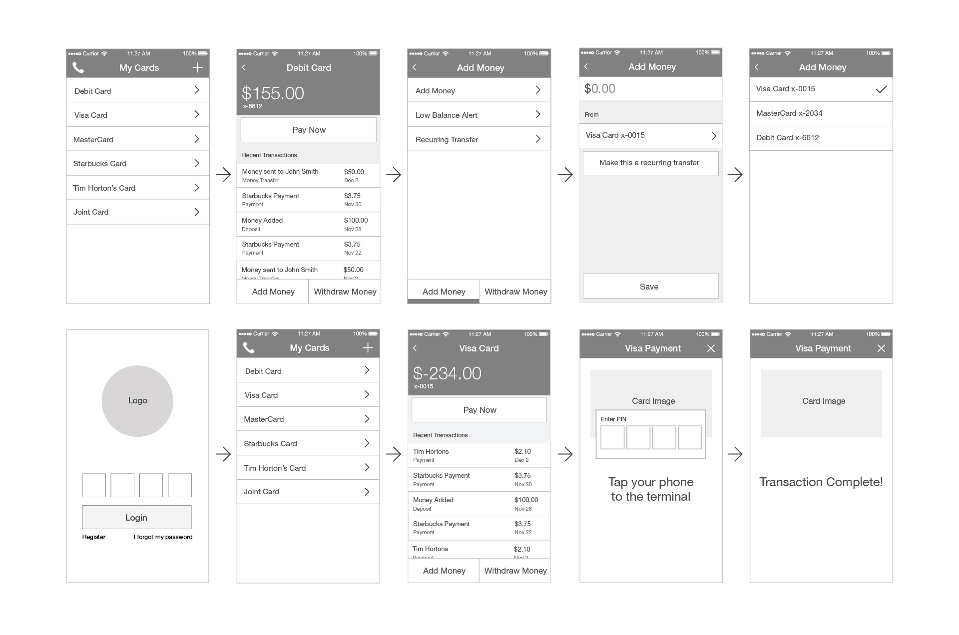 payment app wireframes